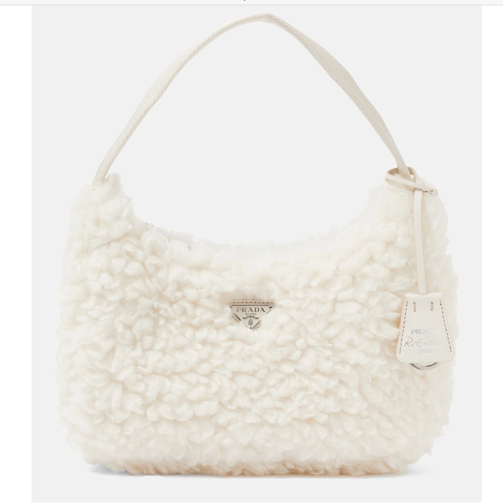PRADA Shearling Mini Re-Edition 2000 Bag in Natural white